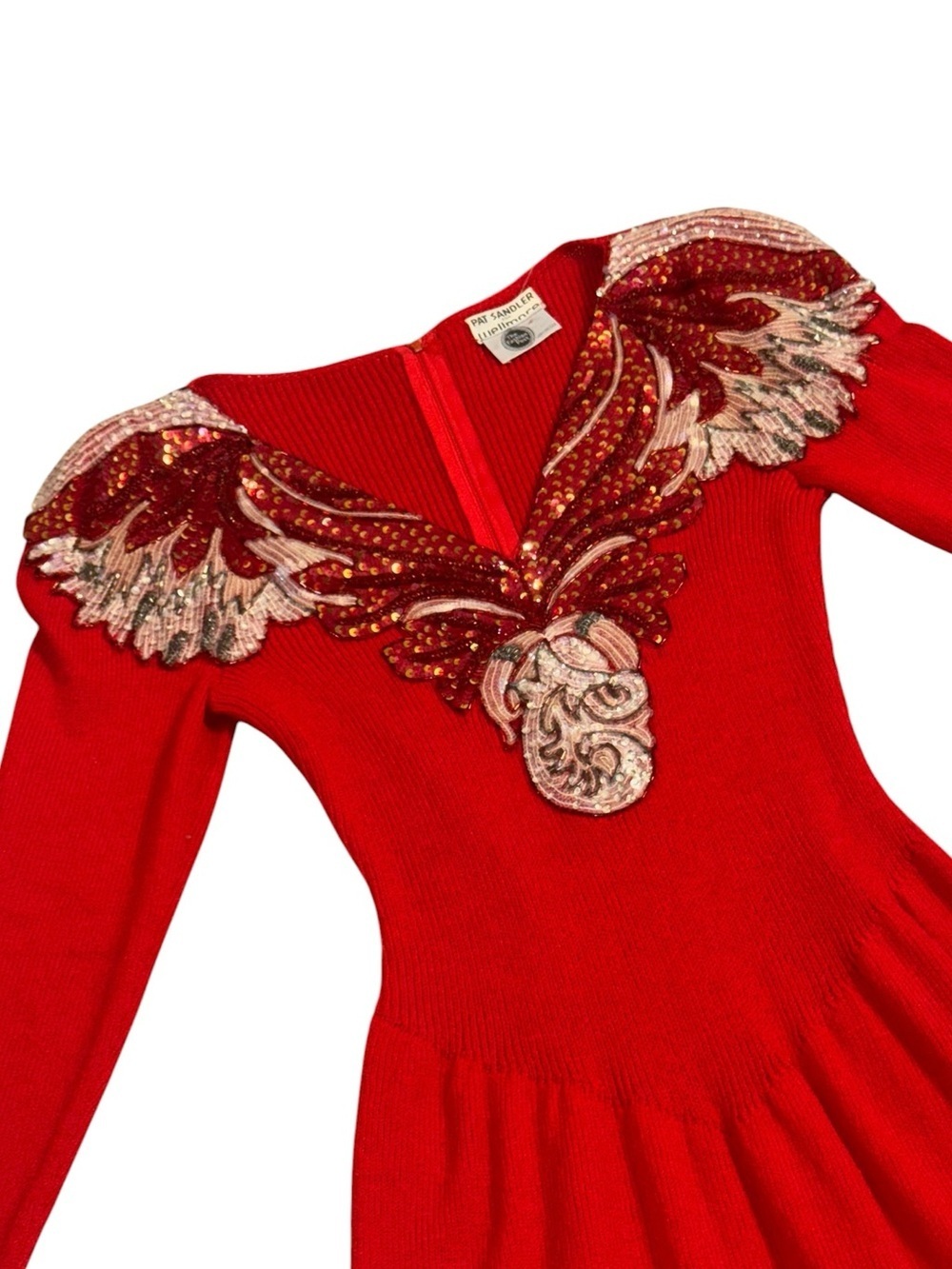 VINTAGE women’s PATS SANDLER red cinch waist v neck sequin long sleeve dress - Picture 3 of 8